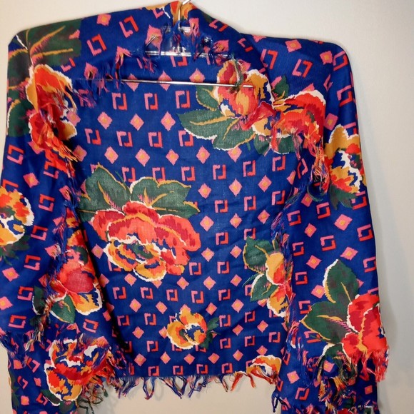 Women's Floral Blue Short Drape Scarf Poncho - Picture 1 of 7